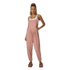 Halara Waffle Knit Overalls Rose Adjustable Straps Jogger Cuff Med Tall Relaxed
